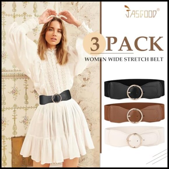 Women\'s Wide Elastic Waist Belt Set Classic Gold Buckle Slimming Stretch main image 7